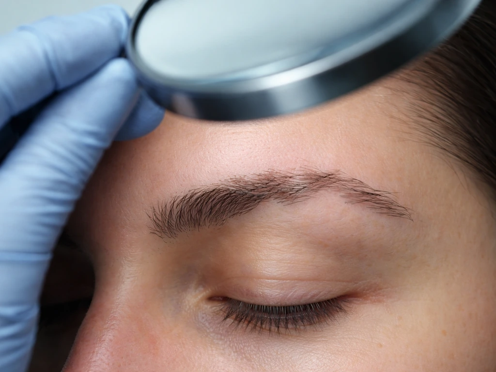 Close-up of eyebrows showing sudden irregular patchy hair loss with a gloved hand and mirror nearby.