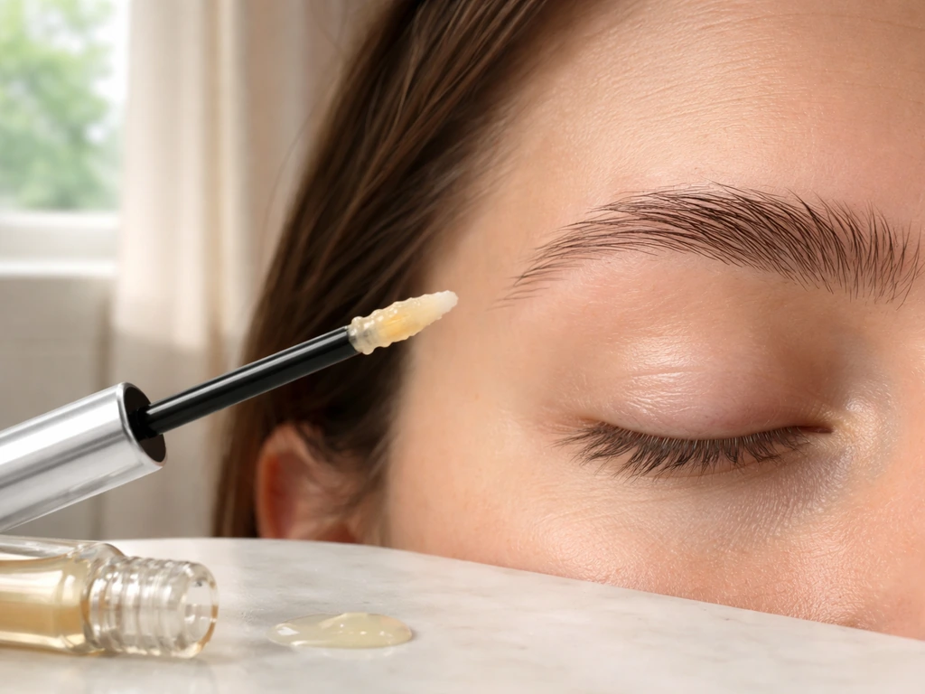 Close-up side profile showing sparse then fuller eyebrow area with serum wand on clean vanity