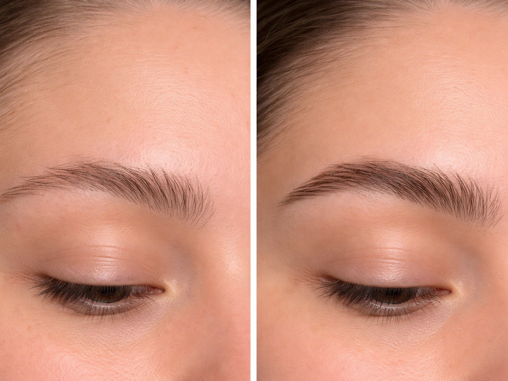 Minimal close-up showing sparse brows beside a fuller brow for ingredient-dependent eyebrow regrowth contrast