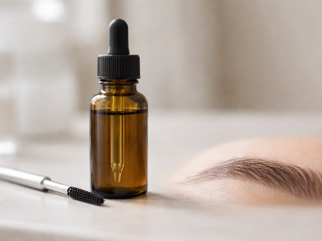 Unlabeled minoxidil bottle with dropper and a brow applicator poised near an eyebrow line, bathroom counter.