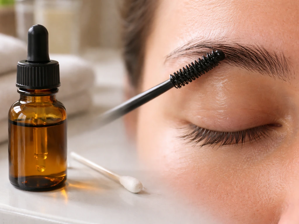 Amber castor oil bottle and spoolie applying oil to sparse eyebrow hairs on a clean countertop.