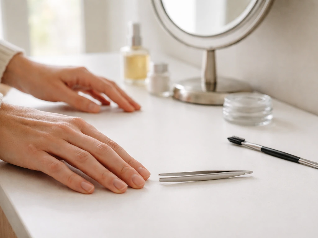 Hands placing tweezers down beside a brow mirror, moving away from a grooming setup