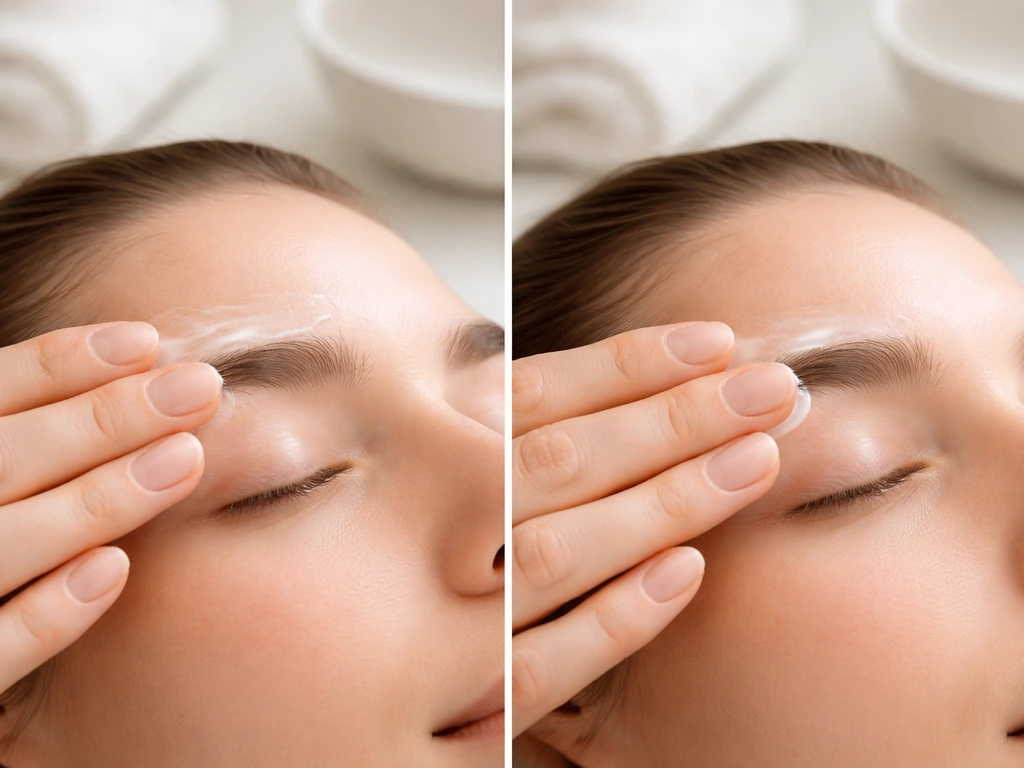 Close-up of hands applying fragrance-free cleanser and moisturizer around the eyebrow area.