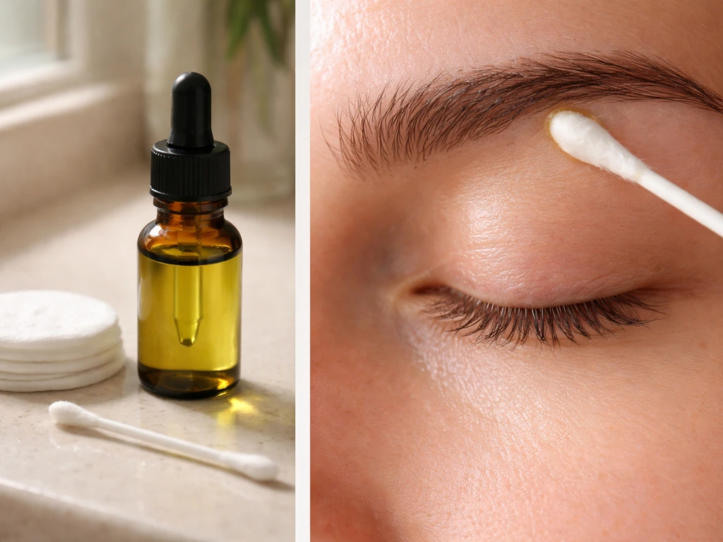 Close-up of a cotton swab applying diluted rosemary oil along a brow line
