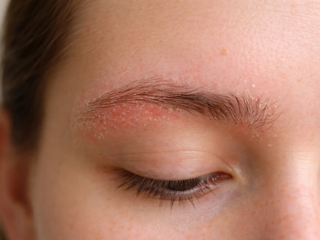 Close-up of irritated brow skin with redness and slight flaking texture on otherwise neutral face