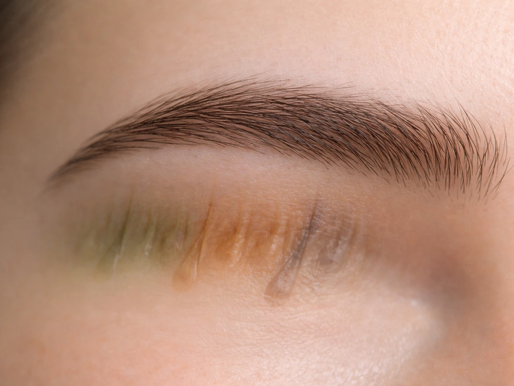 Close-up of eyebrow area with three subtle phase layers suggesting brow hair growth cycle timing.