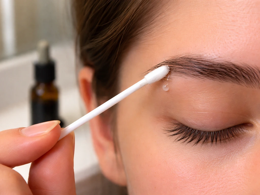 Close-up of a cotton swab applying minoxidil along an eyebrow, with a small product bottle on a bathroom counter.