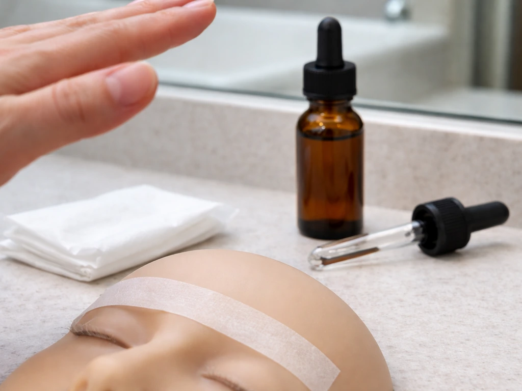 Amber minoxidil bottle and clean applicator next to a barrier-taped brow area, emphasizing keeping it off eyes
