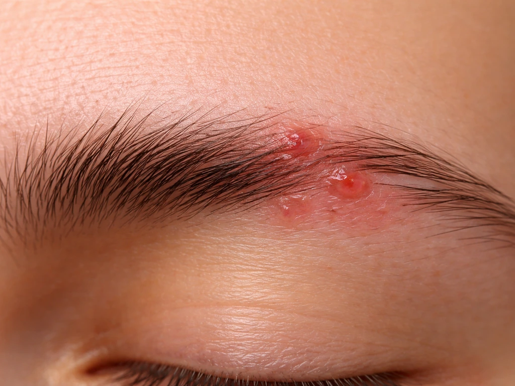 Close-up of mildly irritated skin with small red bumps near an eyebrow slit hairline.