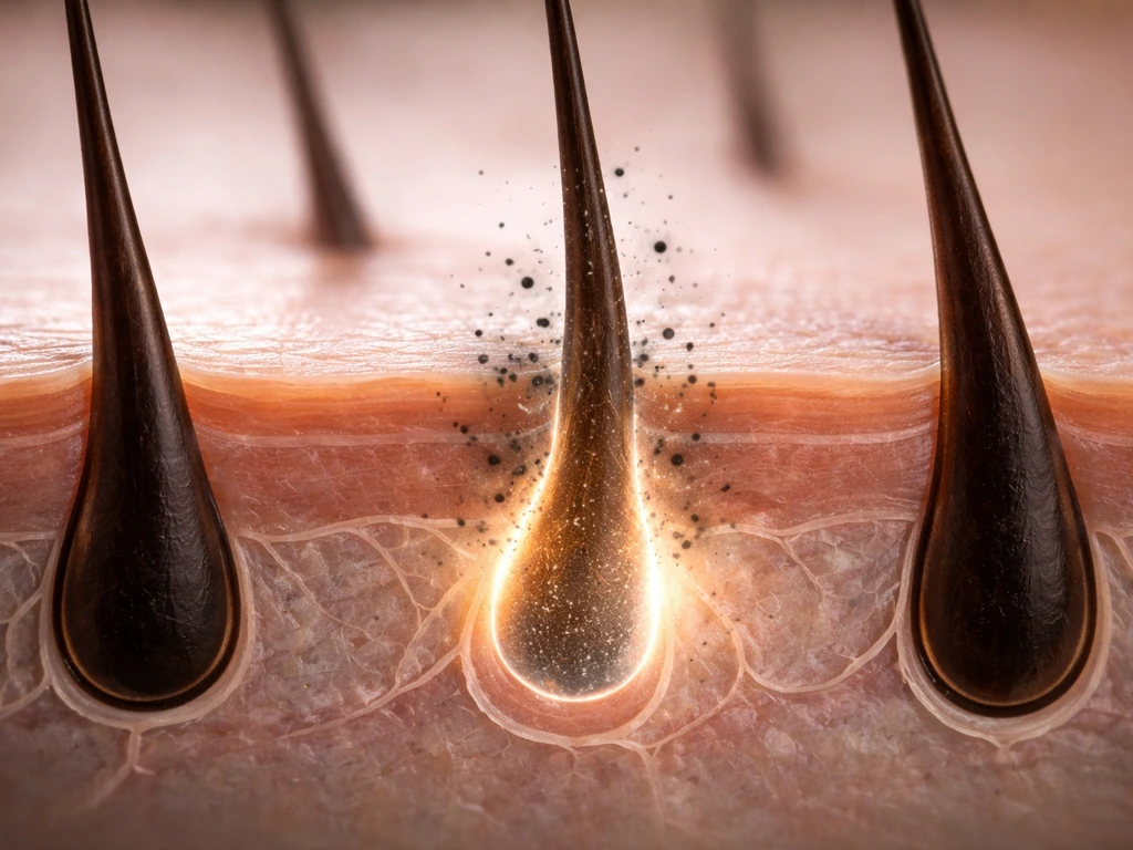 Close-up of an abstract hair follicle cross-section showing chemo-like disruption in a simplified, realistic graphic sty