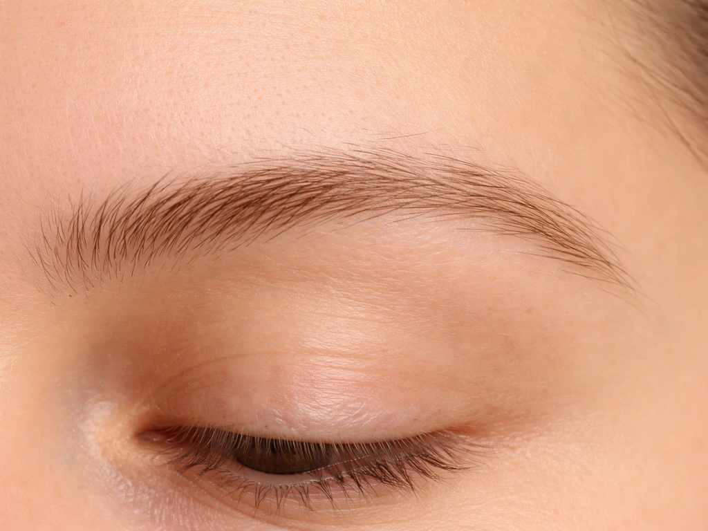 Close-up of eyebrow skin with subtle fine new hair growth, minimal background, natural light.