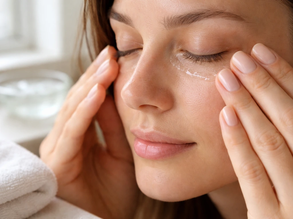 Hands applying a gentle, clear gel to the eye area with a clean towel nearby