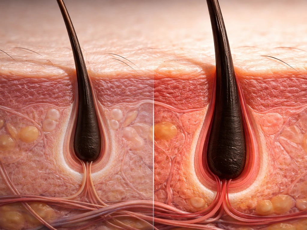 Close-up realistic eyebrow hair follicle concept showing transition from resting to active growth phase