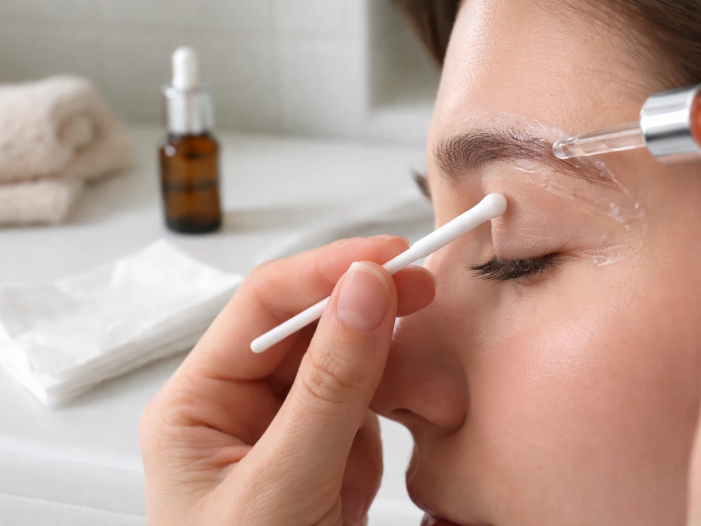 Cotton swab and dropper applying clear 2% minoxidil along an eyebrow line with petroleum jelly barrier.