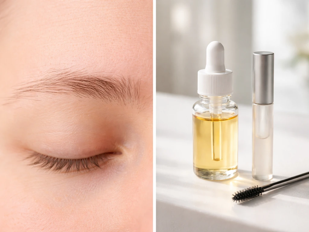 Close-up of sparse eyebrow area beside anonymous brow serum tube, dropper bottle, and spoolie brush.