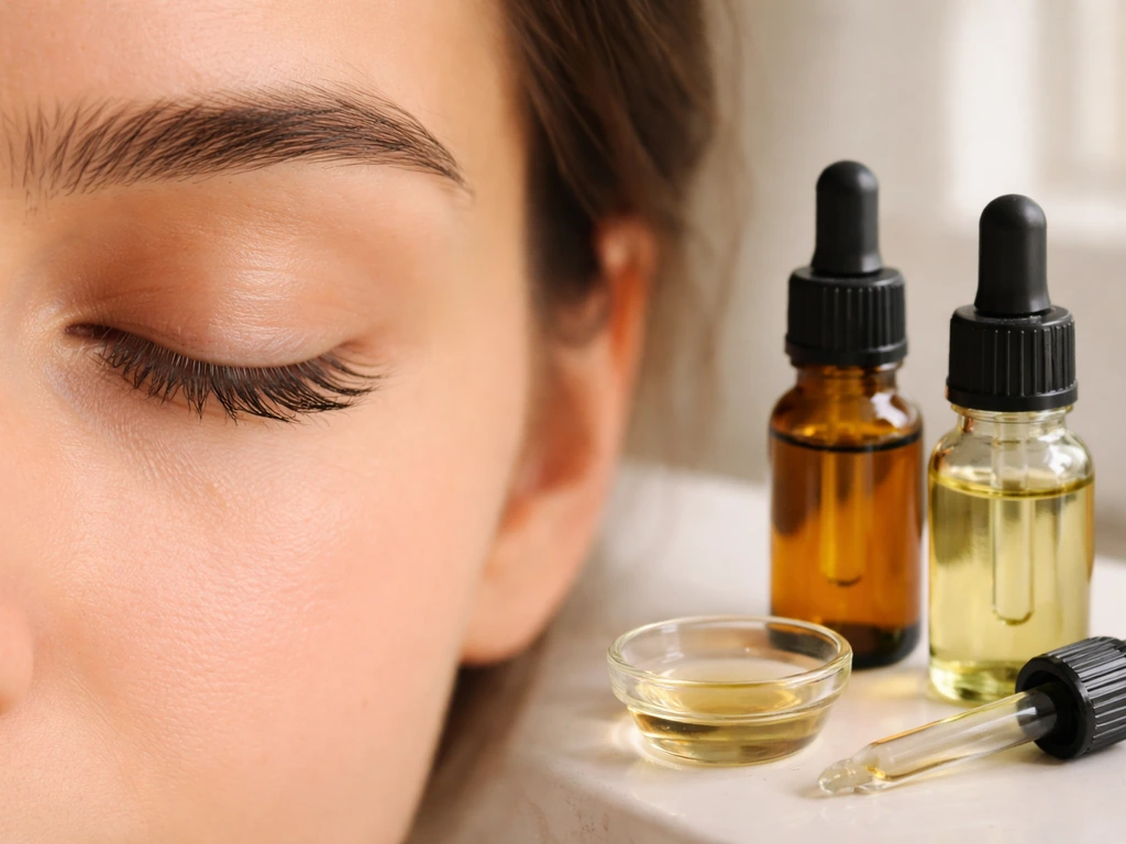 Close-up of natural eyebrows and eyelashes with small castor and rosemary oil bottles nearby