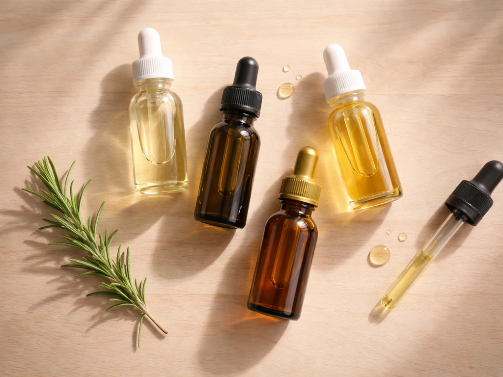 Overhead still-life of castor, rosemary, jojoba, and argan oils in glass bottles with droppers on wood.