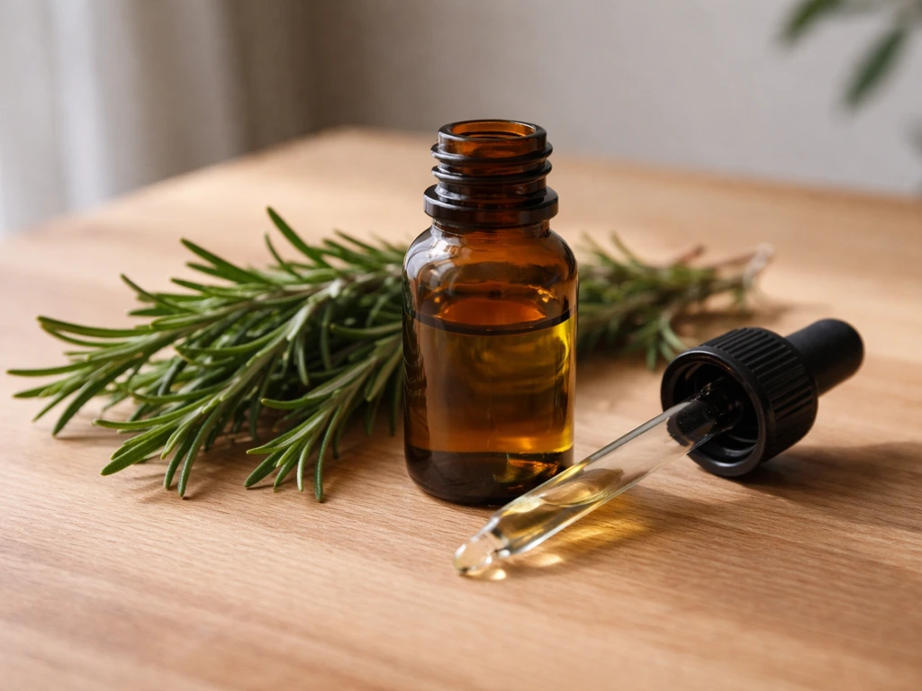 Fresh rosemary sprigs beside a small bottle of rosemary essential oil and a measuring dropper on wood.