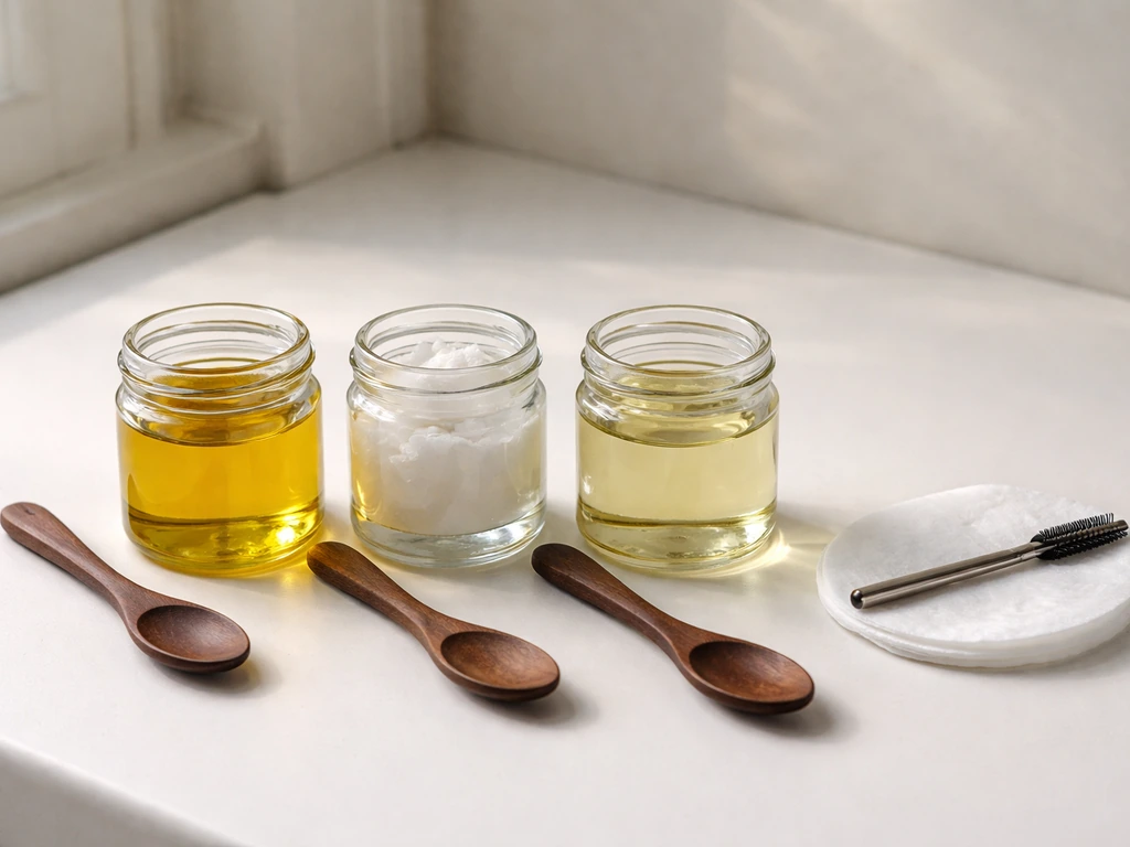 Three small jars of different oils beside a brow applicator on a clean vanity.