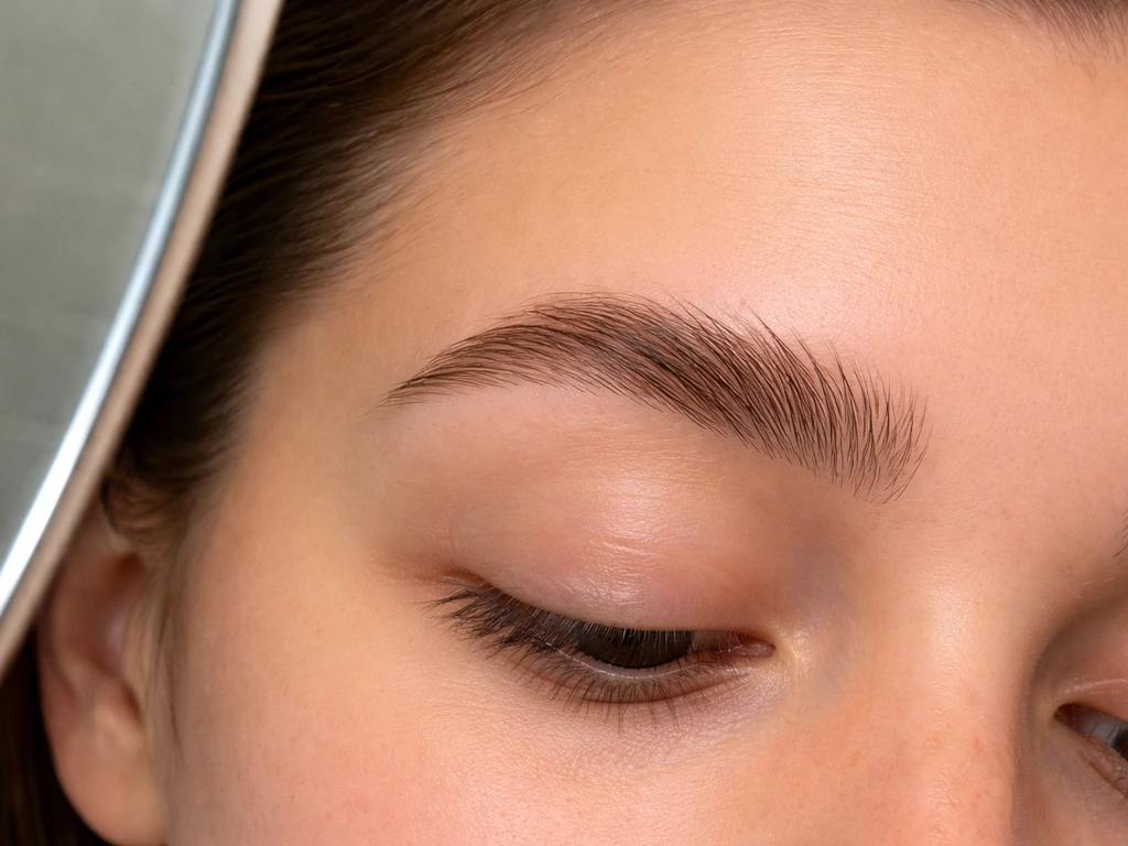 Close-up of brows with one eyebrow neatly groomed fuller using a spoolie brush, the other flatter.