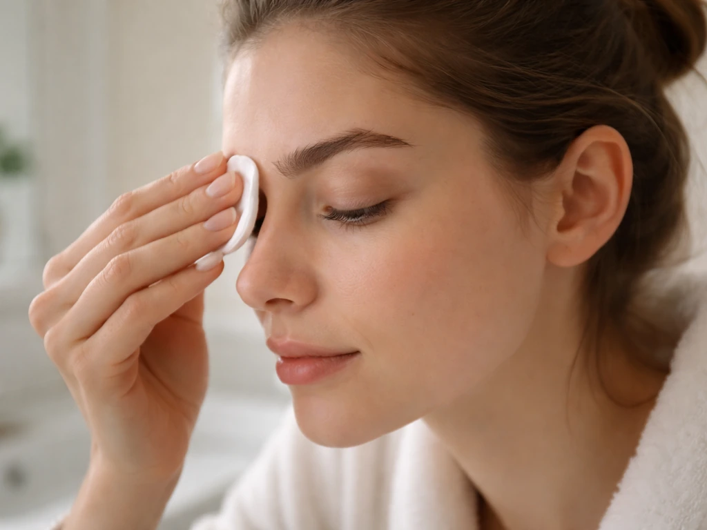 Hand gently dabs a cotton pad with cleanser around the eyebrows at a bathroom sink.