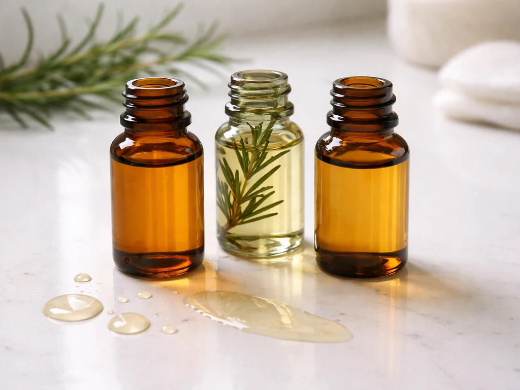 Close-up macro of amber oil bottles with glossy castor and rosemary oil droplets on a clean counter.