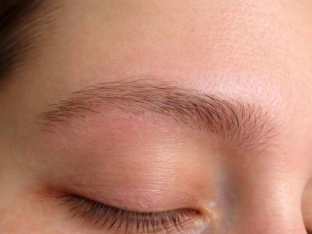 Close-up of eyebrow skin showing mild redness and uneven, patchy regrowth after shaving.