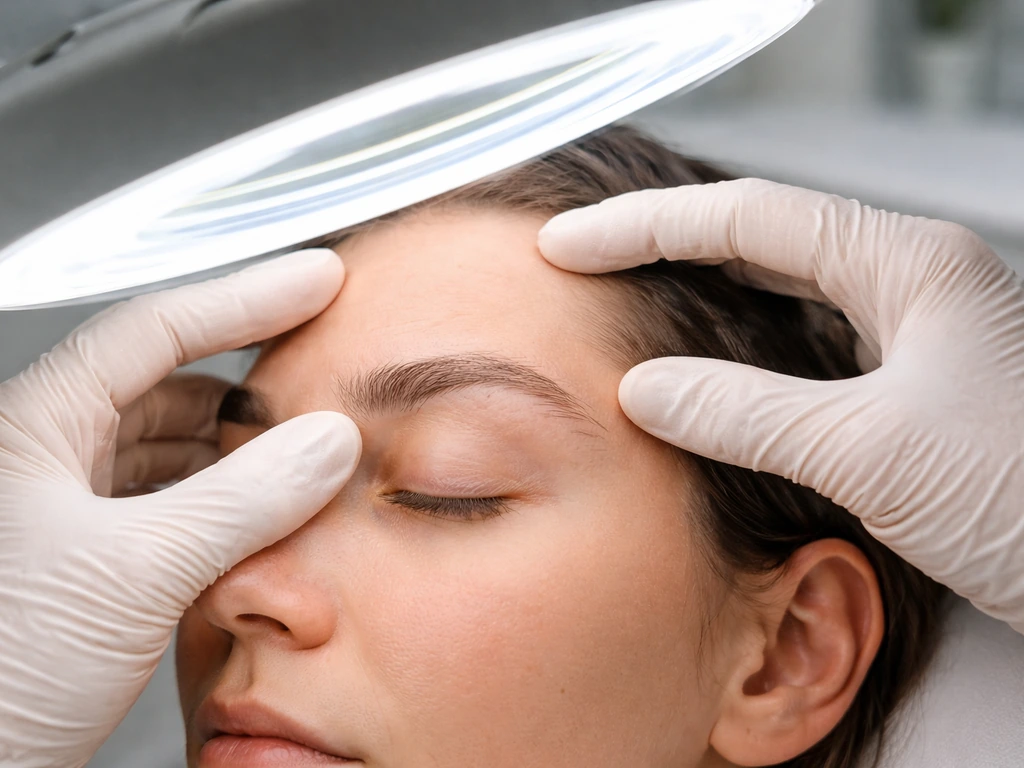 Dermatologist’s magnified light and hands examining eyebrow hair loss in a quiet clinic.