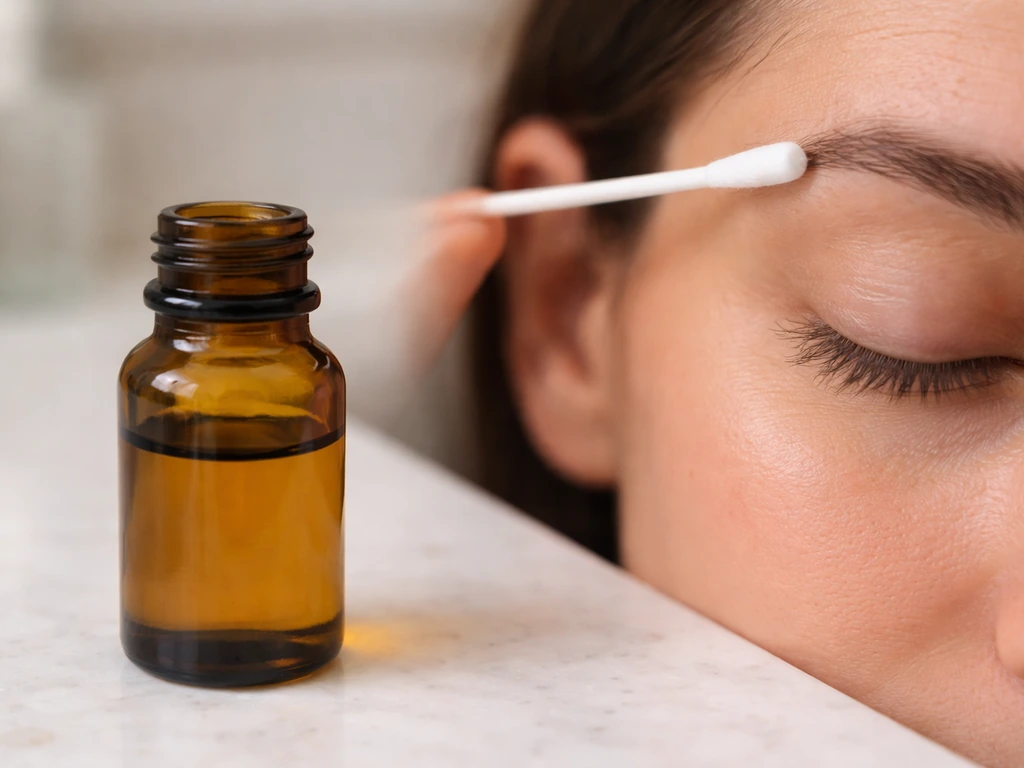 Amber castor oil bottle and a cotton swab poised near an eyebrow in soft natural bathroom light.