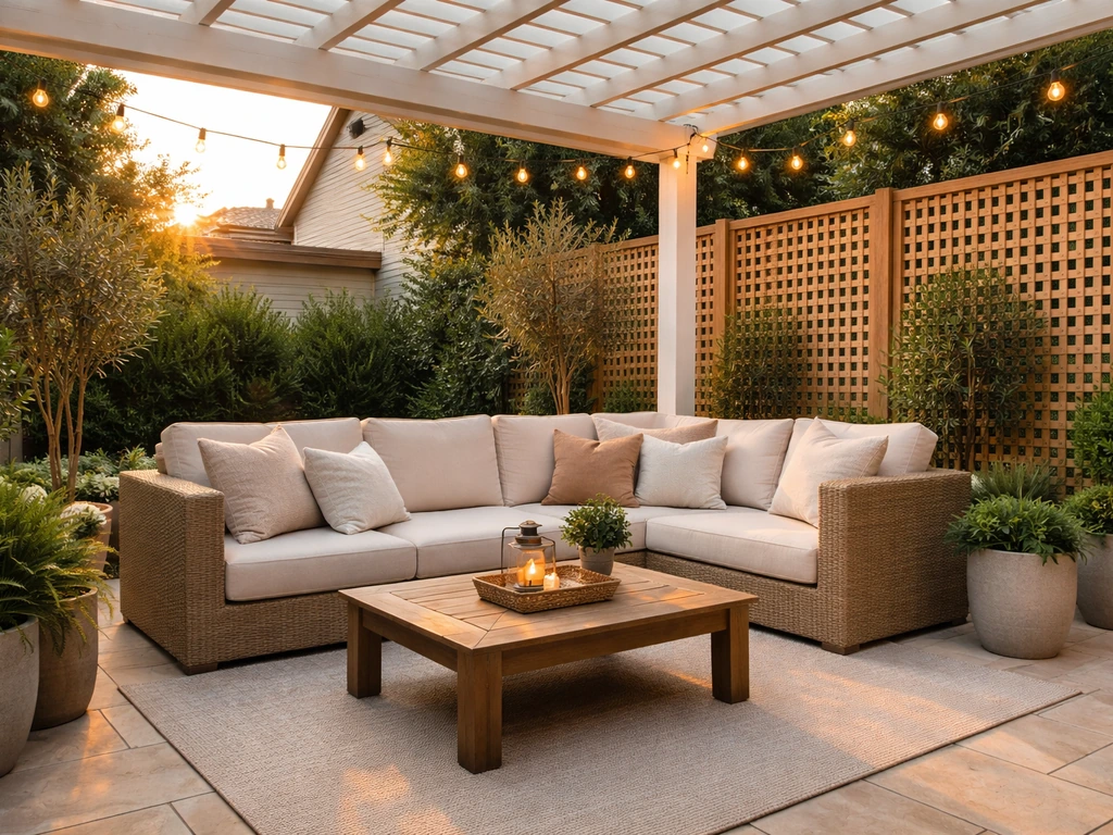 Inviting modern patio with cozy seating, pergola shade, privacy screens, and warm string lights