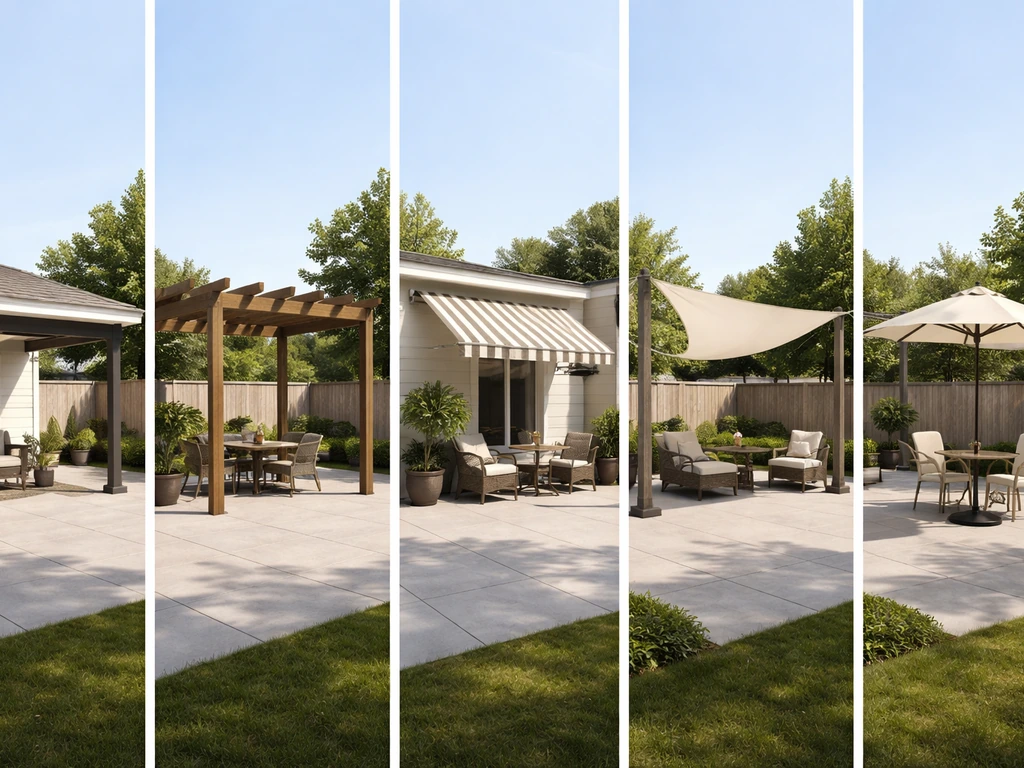 Side-by-side patio shade structures: cover, pergola, awning, shade sail, and umbrella in a simple yard.
