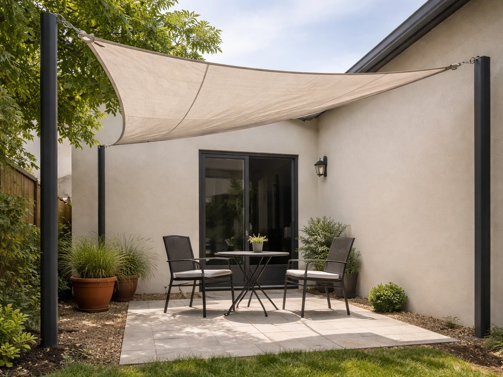 Taut shade sail stretched between patio posts over outdoor seating in soft daylight.