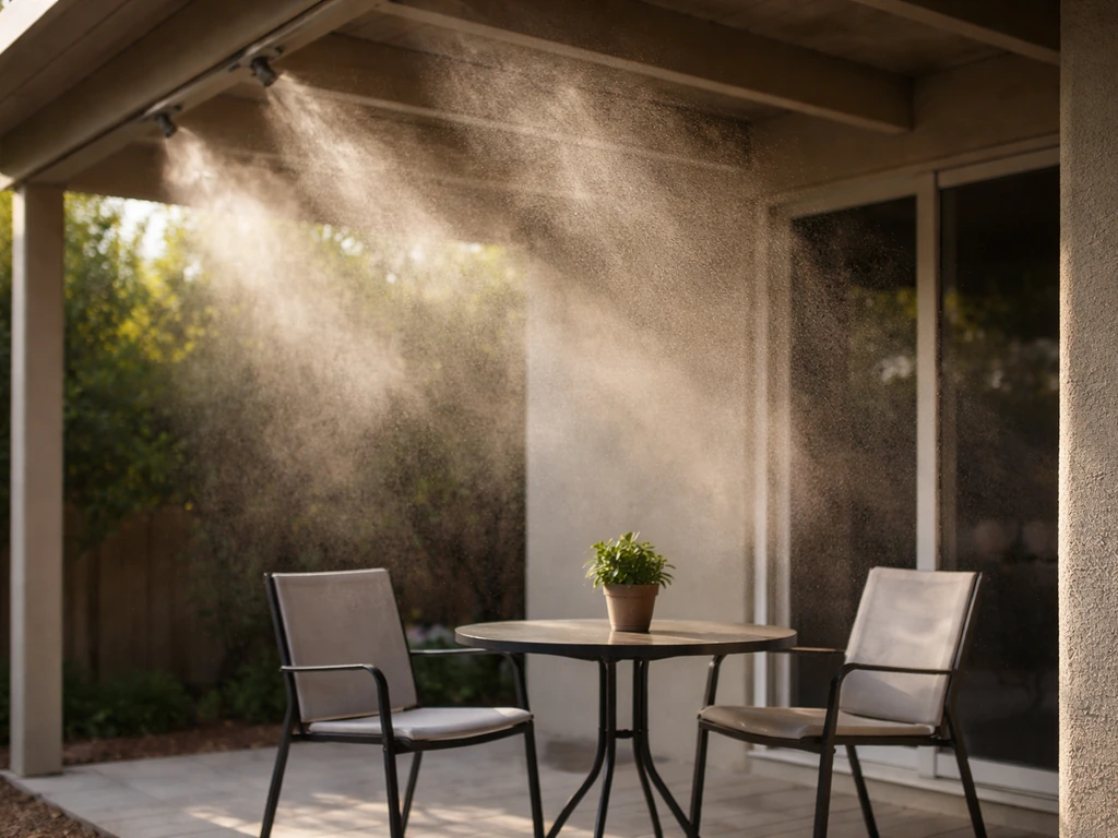 Fine mist from a patio misting system hangs in the air near outdoor seating under a covered patio