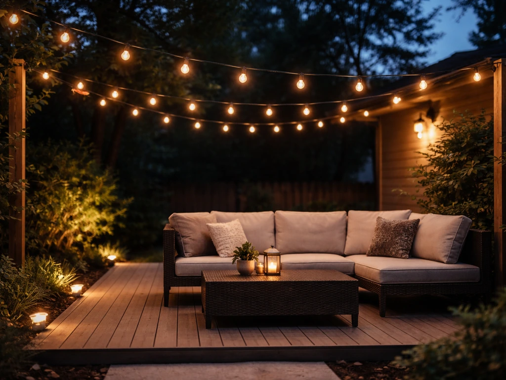 Warm outdoor string lights and soft overhead lighting glowing over a quiet patio at dusk.