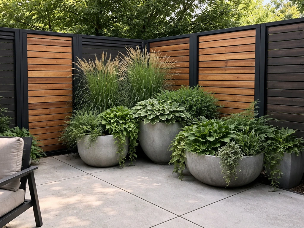 Patio privacy setup with tall planters and panels blocking sightlines, lush greenery in natural light.