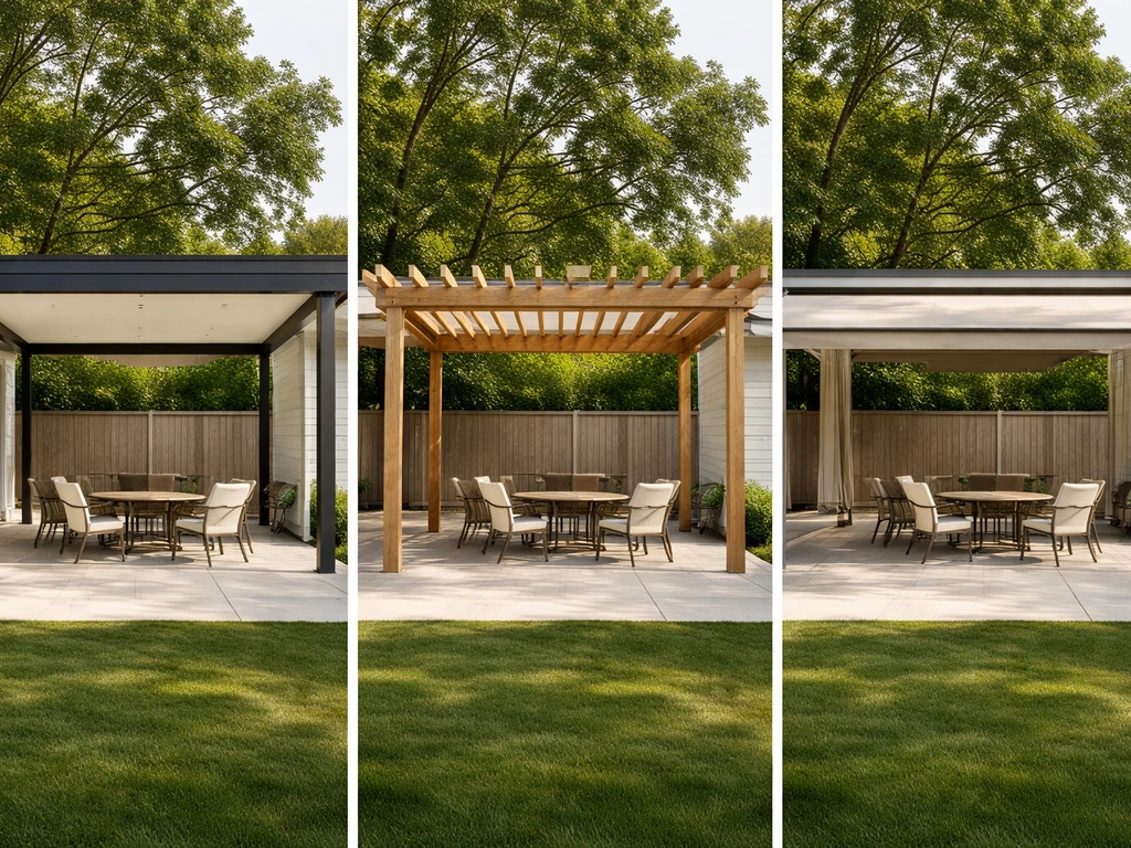 Three side-by-side patio cover types: solid roof, pergola, and retractable awning over a clean outdoor patio.