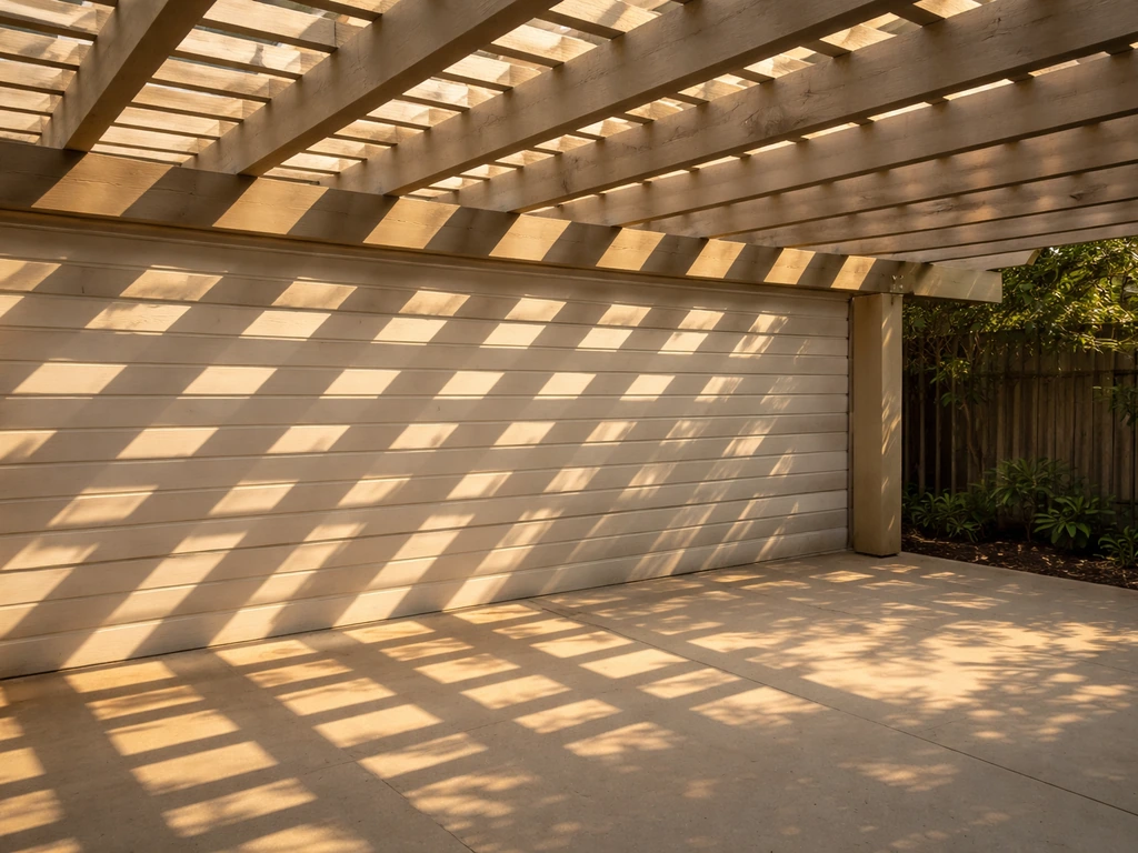 Close-up of an open-beam pergola casting partial sunlight patterns on a patio floor.