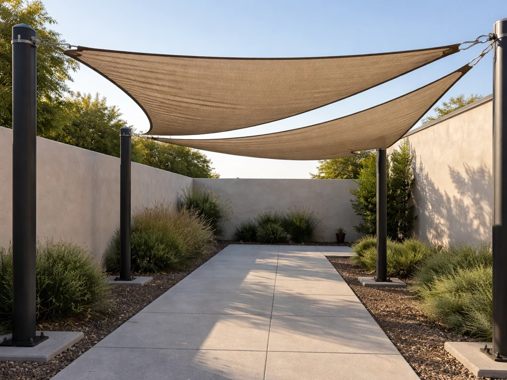 Fabric shade sail tensioned between posts over a patio walkway, showing tight fabric and minimal coverage.