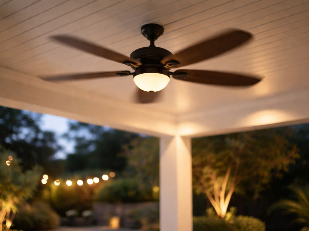 Wet-rated ceiling fan under a covered patio with warm lights and subtle blade motion blur at dusk.