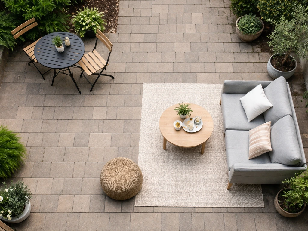Overhead photo of a patio layout with two furniture zones and clear walking paths between them