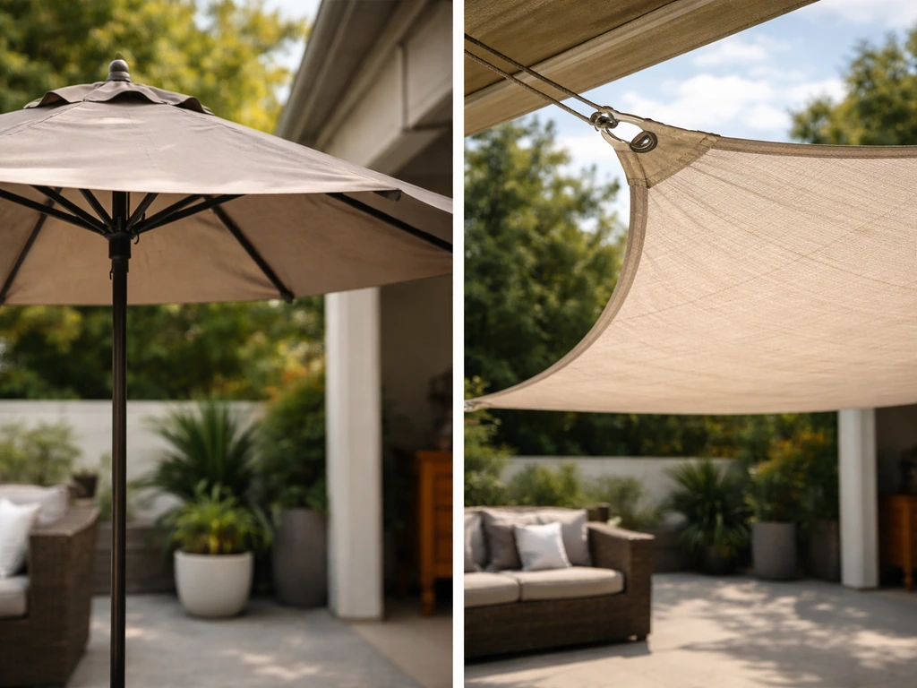 Close-up view of a patio market umbrella beside a stretched fabric shade sail setup.