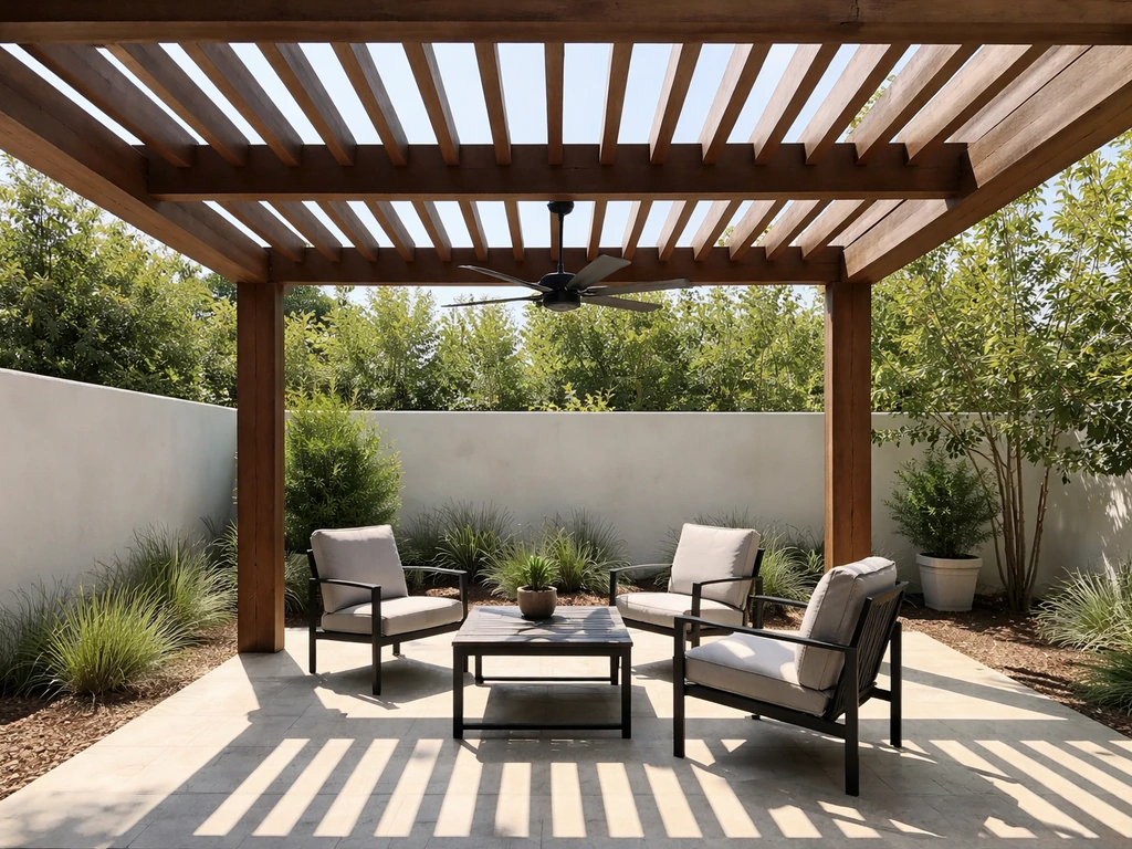 Wood pergola with beams shading a quiet patio seating area, with a visible ceiling fan mount