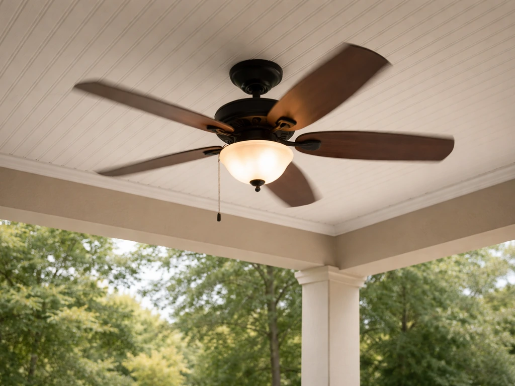 Ceiling fan installed under a covered patio ceiling with blades and light kit visible.
