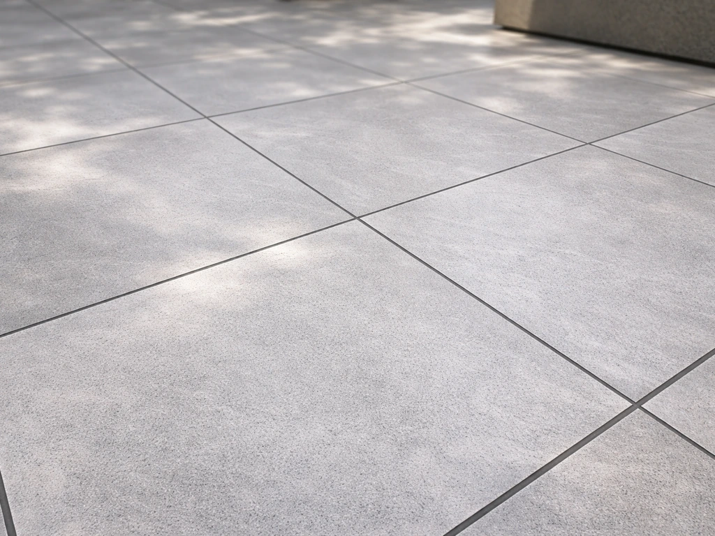 Close-up of outdoor porcelain tile patio surface with grout lines and matte weathered finish
