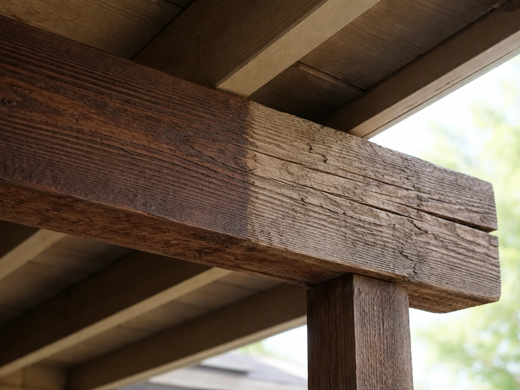 Patio roof framing showing wood checking and graying beneath an eave, with exposed side drying out.
