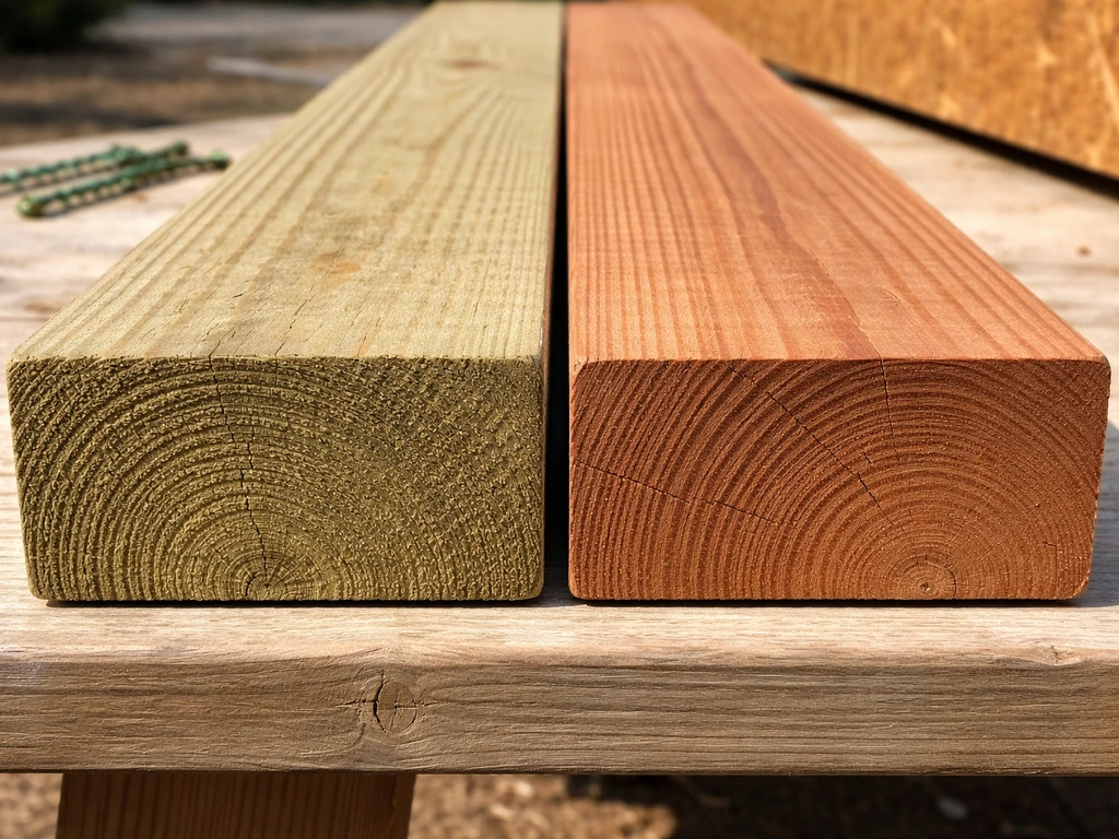 Close-up of pressure-treated pine and western red cedar boards showing distinct color and grain textures.