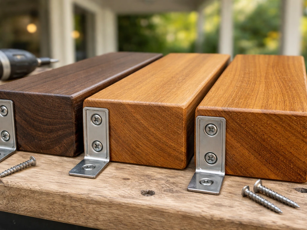 Side-by-side ipe, teak, and cumaru patio roof framing samples with stainless fasteners in natural light.