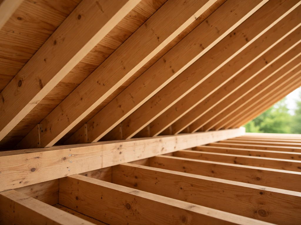 Close-up of evenly spaced roof rafters with a clear runoff path at the eave.