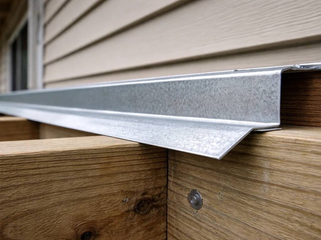 Tight close-up of properly installed Z-flashing above a patio roof ledger, preventing water intrusion.