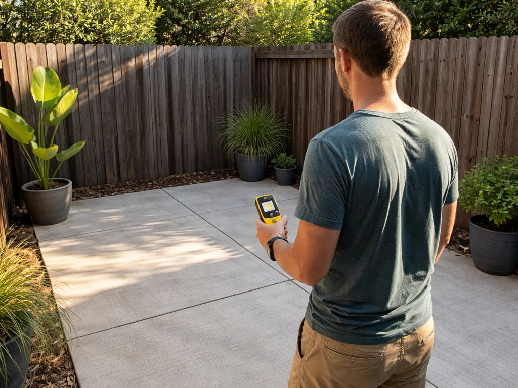 Homeowner measures and checks which patio areas get afternoon sun and shade.